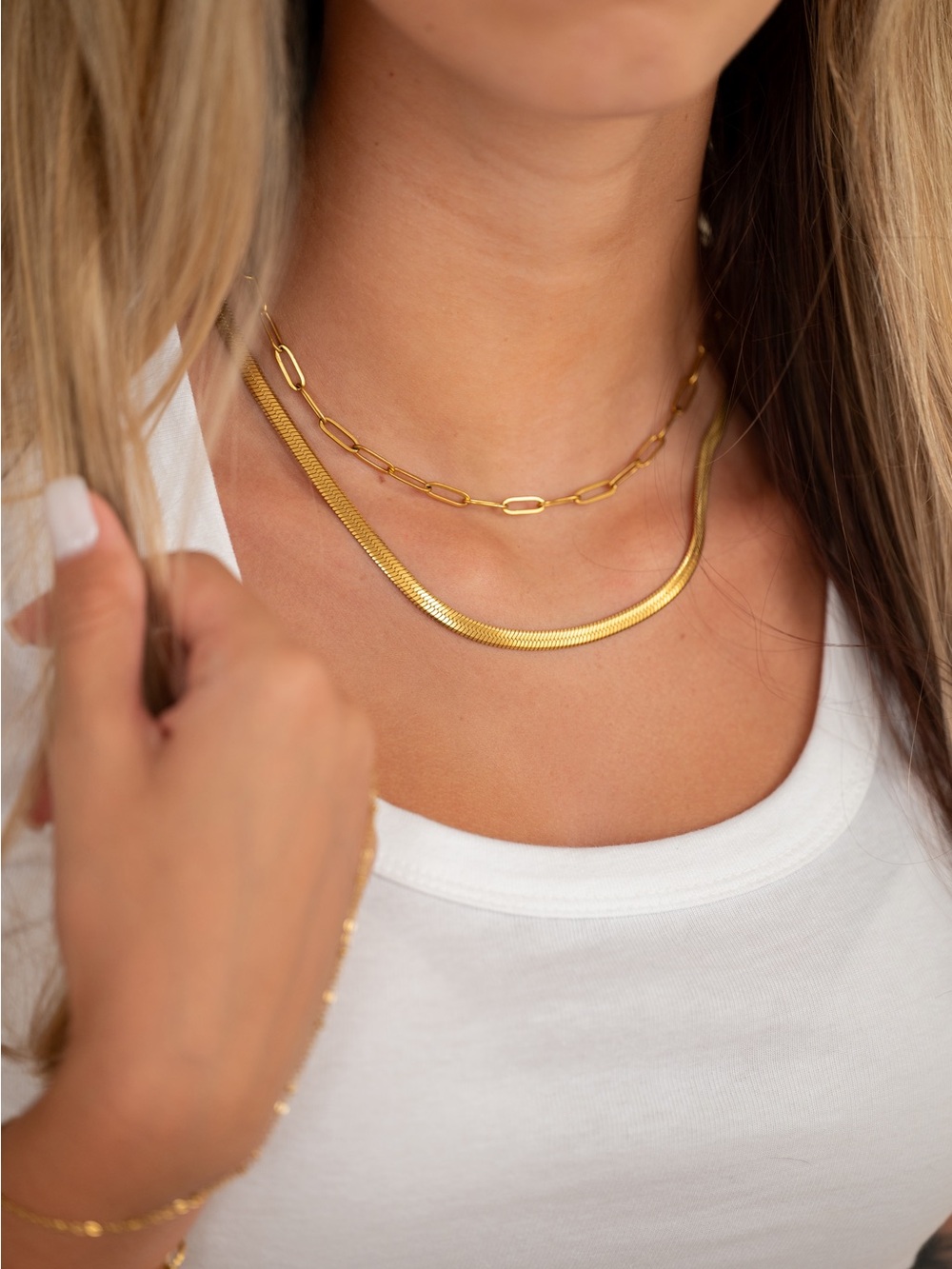 Think Freely Minimal Gold Layered Herringbone & Paperclip Necklace Set